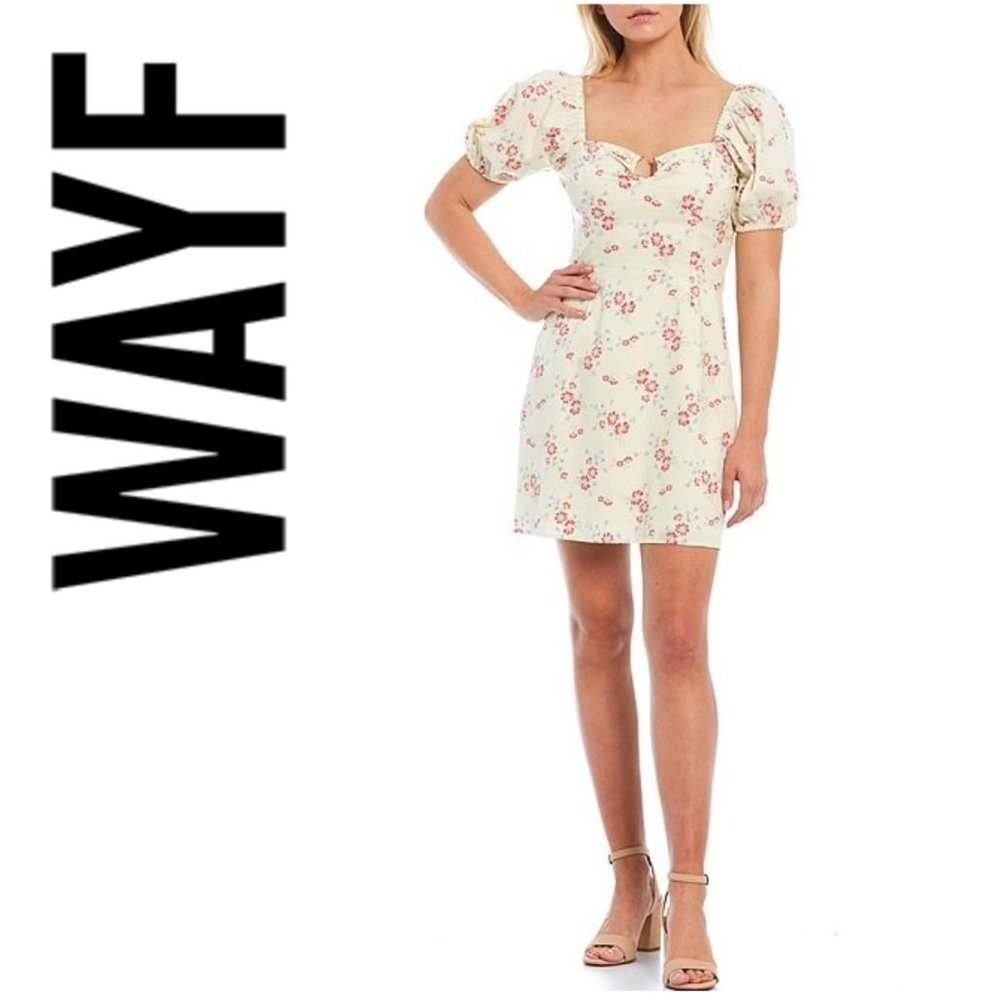 🆕️ NEW Women's Wayf Nikita Puff Sleeve Tie Back Mini dress, Size Medium Ivory